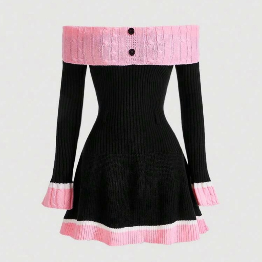 NWT Shein Mod Color Block Off Shoulder Bell Sleeve Knitted Dress